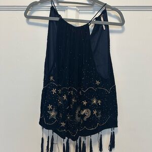 Free people Blue and Gold Embroidered velvet Tank Top